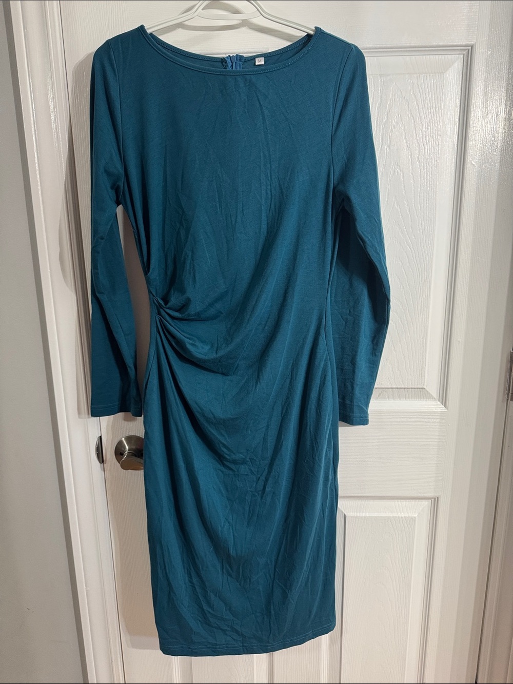 Teal Long-Sleeve Ruched Sheath Dress